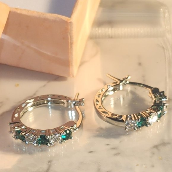Jewelry - 925 Silver Plated, emerald Green Colorful Fashion Zircon Ear Hoop Earrings ~NEW~